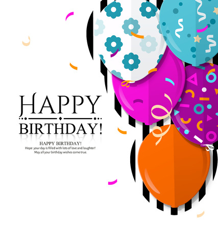 Happy Birthday invitation card with colorful balloons in flat style. Vector illustration.の写真素材