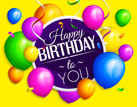 Bunch of colorful birthday balloons with streamers on yellow background. Vector illustration.の写真素材