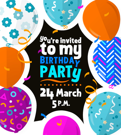 Happy Birthday party card with colorful patterned balloons in flat style, confetti and streamers.のイラスト素材