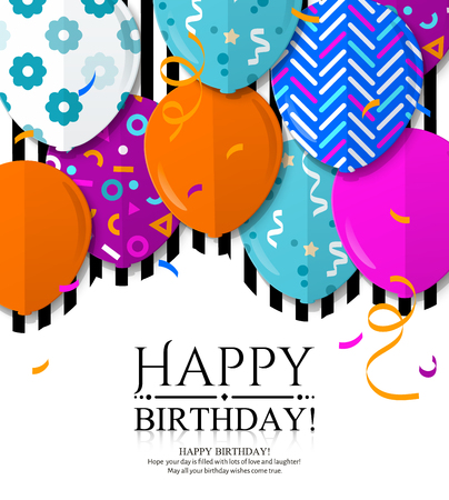 Happy Birthday greeting card with patterned balloons in flat style. Confetti and black stripes on background. Vector.のイラスト素材
