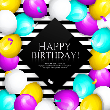 Happy Birthday greeting card. Bunch of colorful balloons, streamers and confetti. Stylish lettering on striped background. Vector.のイラスト素材