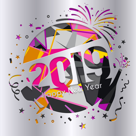 2019 Happy New Year greeting card. Numbers, bottle of Champagne, glass, firework and confetti cutted from silver paper.のイラスト素材