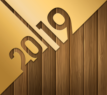 2019 Happy New Year greeting card with numbers cutted from gold paper on wooden background. Vector.のイラスト素材