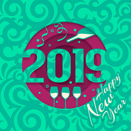2019 Happy New Year greeting card with cutted numbers, bottle of Champagne and glass.のイラスト素材