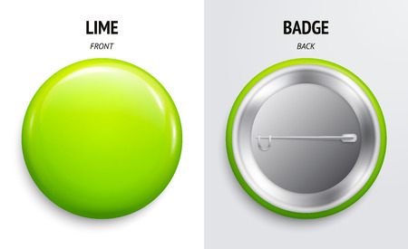 Blank lime glossy badge or button. 3d render. Round plastic pin, emblem, volunteer label. Front and Back Side.のイラスト素材