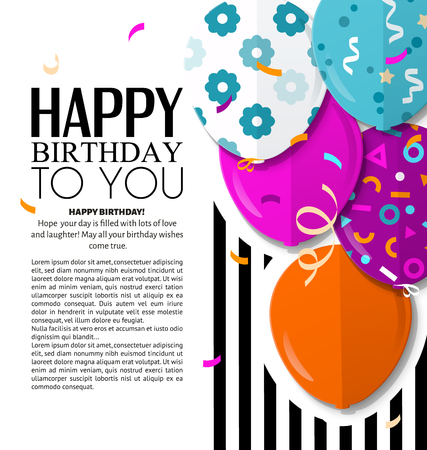 Happy Birthday greeting card with patterned balloons in flat style. Confetti and black stripes on background.のイラスト素材