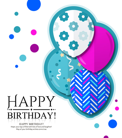 Happy Birthday invitation card with colorful patterned balloons in flat style.のイラスト素材