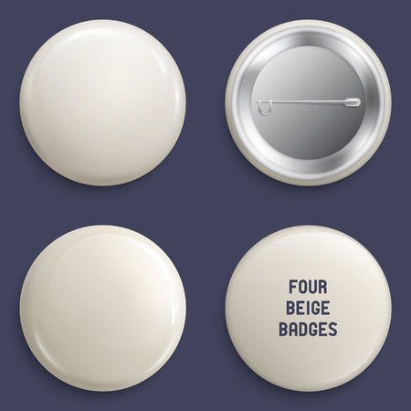 Vector blank beige glossy badges or web buttons. Four different plastic pins, emblems, volunteer labels. Front and Back Side. 3d render.のイラスト素材