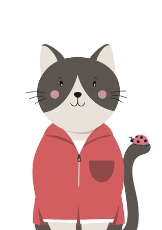 Cute cat. Little kitty with ladybug on the tail. Childish print for nursery, poster, postcard. Can be used for fashion t-shirt design. Vector.のイラスト素材