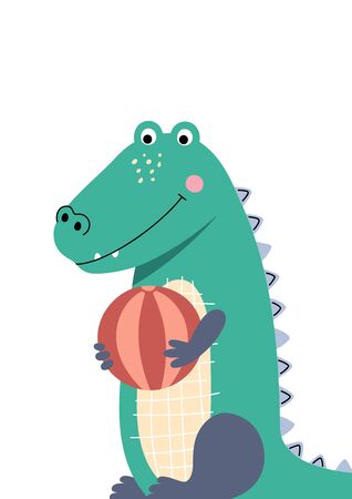 Cute crocodile playing with the ball. Poster for baby room. Childish print for nursery. Design can be used for fashion t-shirt, greeting card, baby shower. Vector.のイラスト素材