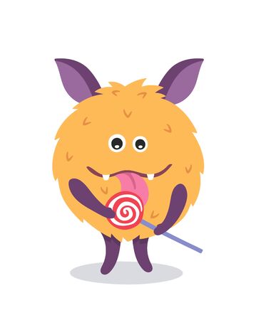 Cute monster mascot with lollipop. Poster for baby room. Childish print for nursery. Design can be used for fashion t-shirt, greeting card, baby shower. Halloween vector illustration.のイラスト素材