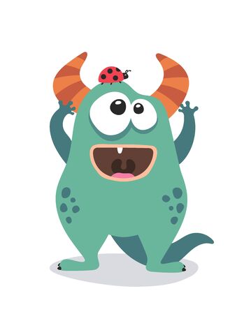Cute monster mascot and ladybug. Poster for baby room. Childish print for nursery. Design can be used for fashion t-shirt, greeting card, baby shower. Halloween illustration.のイラスト素材