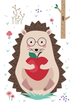 Hedgehog in forest holding apple in his hands. Poster for baby room. Childish print for nursery. Design can be used for fashion t-shirt, greeting card, baby shower...Vector.のイラスト素材