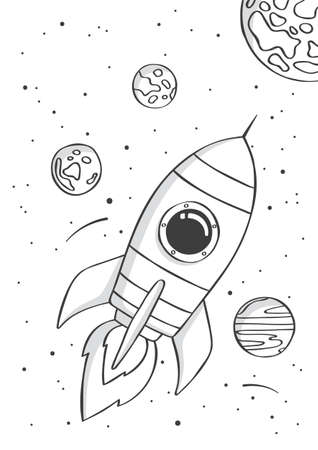 Space rocket flying in space with planets and stars. Poster for baby room. Childish print for nursery. Vector.のイラスト素材