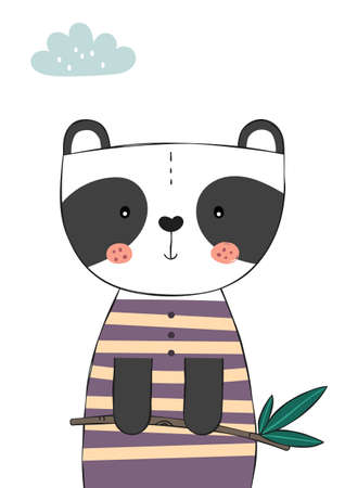 Cute Panda Bear holding eucalyptus branch. Poster for baby room. Childish print for nursery. Design can be used for kids apparel, greeting card, invitation, baby shower. Vector.のイラスト素材
