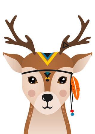 Cute deer have headdress with feathers on head. Woodland forest animal. Design can be used for kids apparel, greeting card, invitation, baby shower. Vector.のイラスト素材