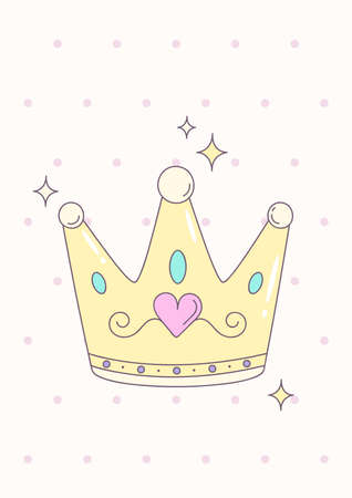 Girly princess royalty crown with heart jewels. Poster for baby room. Childish print for nursery. Design can be used for greeting card, invitation, baby shower. Vector.のイラスト素材