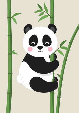 Cute Panda Bear on bamboo branch. Poster for baby room. Childish print for nursery. Design can be used for kids apparel, greeting card, invitation, baby shower. Vector.のイラスト素材