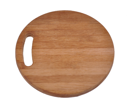 Round wooden bamboo board isolated on white backgroundの写真素材