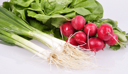 Fresh radish, onion, cabbage on white backgroundの写真素材