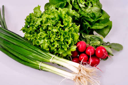 radish, onion, cabbage on a light tableの写真素材