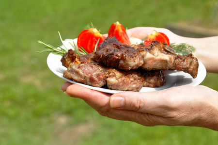 a plate in the hands of a woman with beefsteak meat with tomatoes, parsley on a blurred background.の写真素材