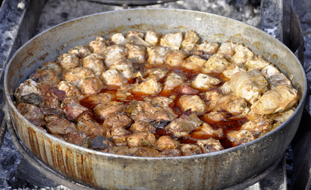 Hot, ready to serve traditional cabbage rolls in clay potの写真素材