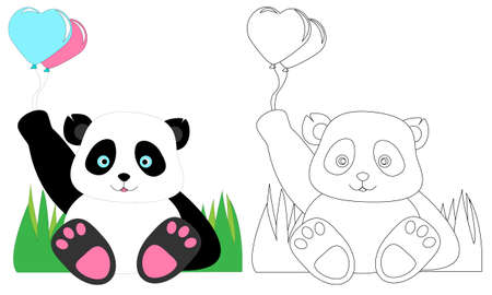 Coloring page with panda and inflatable balloons for print and coloring book. For kids. Animals.のイラスト素材