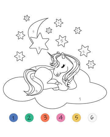 Coloring book - Numbers. Unicorn on a cloud, stars and the moon. Coloring book with numbers suitable for children. Design coloring book for print. Vector.のイラスト素材