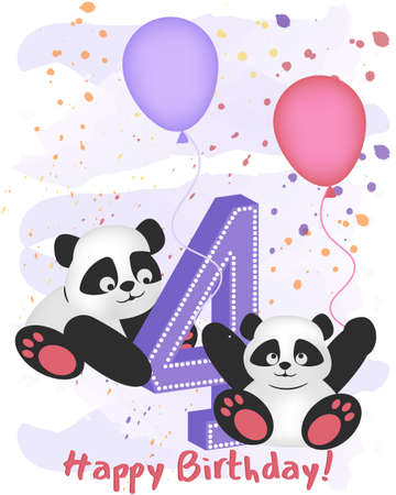 Happy fourth birthday. Greeting card with pandas and balloons with the inscription.のイラスト素材