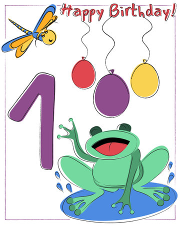 Happy first birthday. Baby greeting card with frog and dragonfly. Inscription with balloons.のイラスト素材