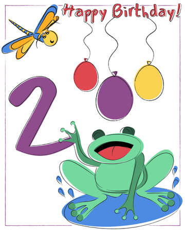 Happy second birthday. Baby greeting card with frog and dragonfly. Inscription with balloons.のイラスト素材