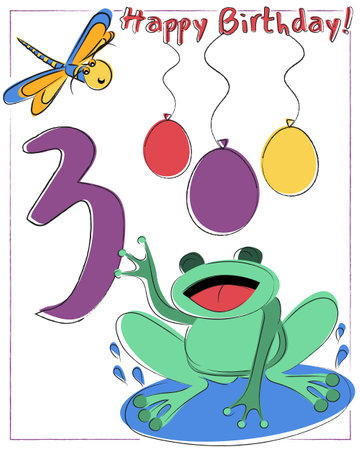 Happy third birthday. Baby greeting card with frog and dragonfly. Inscription with balloons.のイラスト素材