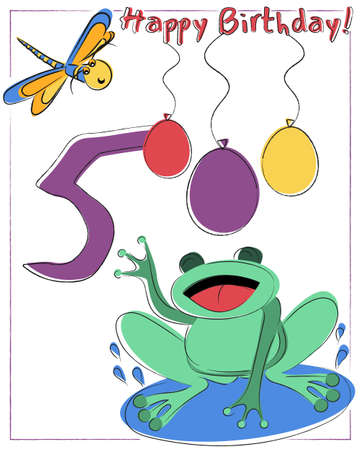 Happy fifth birthday. Baby greeting card with frog and dragonfly. Inscription with balloons.のイラスト素材