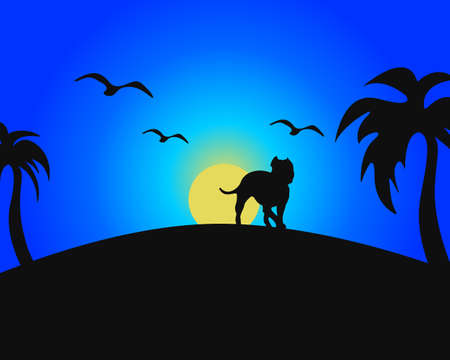 Illustration of vector silhouettes of dog, palm trees and birds. Blue background and sunset.のイラスト素材