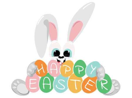 Happy Easter greeting card. Easter eggs with an inscription and a rabbit.のイラスト素材