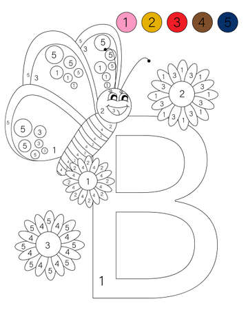 Coloring book alphabet with animals. ABC coloring book for kids with numbers. B is for the butterfly.のイラスト素材