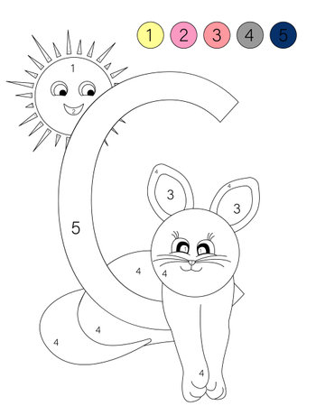 Coloring book alphabet with animals. ABC coloring book for kids with numbers. C is for a cat.のイラスト素材