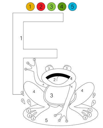 Coloring book alphabet with animals. ABC coloring page for kids with numbers. F is for a frog.のイラスト素材