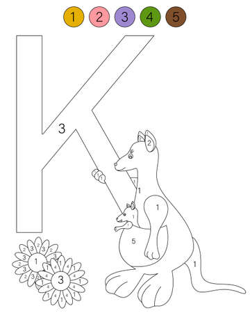 Coloring book alphabet with animals. ABC coloring page for kids with numbers. K is for a kangaroo.のイラスト素材