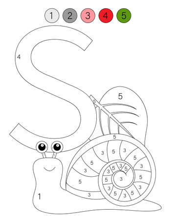 Coloring book alphabet with animals. ABC coloring page for kids with numbers. S is for the snail.のイラスト素材