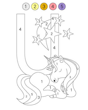 Coloring book alphabet with animals. ABC coloring page for kids with numbers. U is for unicorns.のイラスト素材