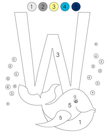 Coloring book alphabet with animals. ABC coloring page for kids with numbers. W is for a whale.のイラスト素材