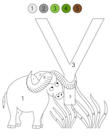 Coloring book alphabet with animals. ABC coloring page for kids with numbers. Y is for yak.のイラスト素材