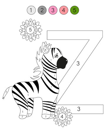 Coloring book alphabet with animals. ABC coloring page for kids with numbers. Z is for zebra.のイラスト素材
