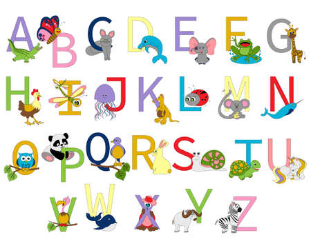 Zoo alphabet with animals isolated on white background. Colorful ABC letters. Graphic design for children.のイラスト素材