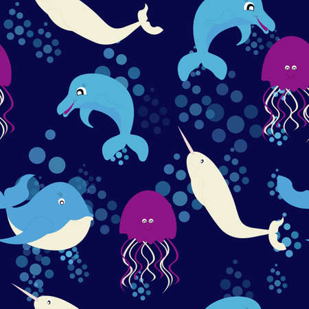 Water world seamless pattern. Sea animals dolphin and whale, narwhal and jellyfish. For kids.のイラスト素材