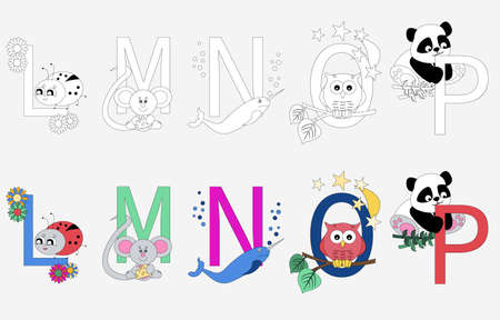 Cartoon alphabet coloring book. Set of coloring pages of animals by ABC. Part 3.のイラスト素材