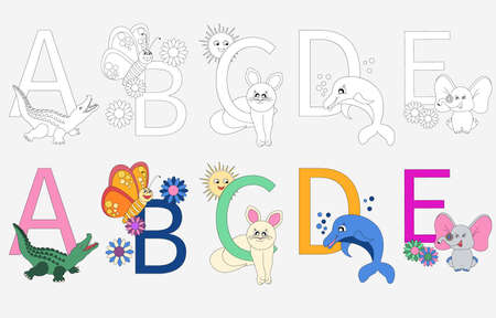 Cartoon alphabet coloring book. Set of coloring pages of animals by ABC. Part 1.のイラスト素材