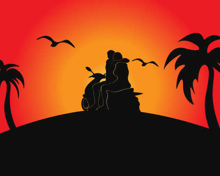 Silhouette of a couple, birds and palm trees. Sunset on an orange background. Couple on a moped.のイラスト素材